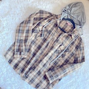 P.S. Love tan blue plaid hooded shacket size M L new without tags